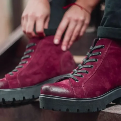 Women’s Burgundy Suede Lace-up Chunky Boots